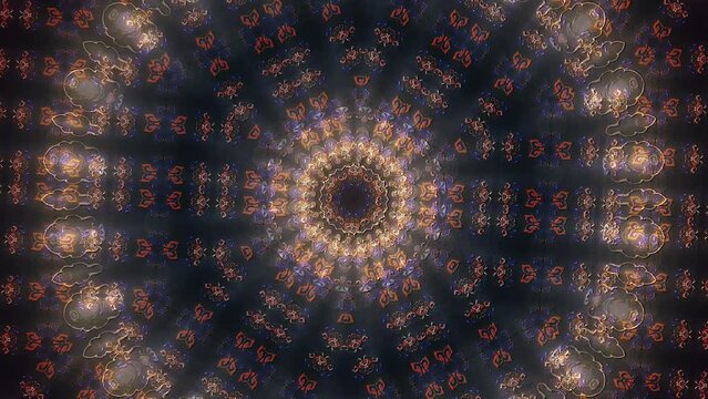 Kaleidoscope pattern with full colors. Magic mandala. 4k 3D Animated digital abstract. Colorful curved and circular lines on black background, seamless loop