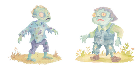 creepy green zombie watercolour vector illustration