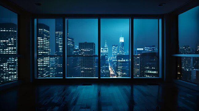 Modern empty and clean office interior with glass windows Perth city skyline background night scene
