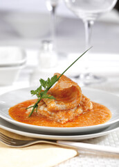 Stingray cooked in paprika sauce. Traditional Spanish cuisine..