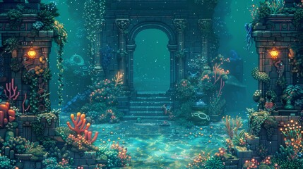A beautiful underwater scene with a large archway leading to a mysterious area. The water is crystal clear and the plants are vibrant and colorful - obrazy, fototapety, plakaty