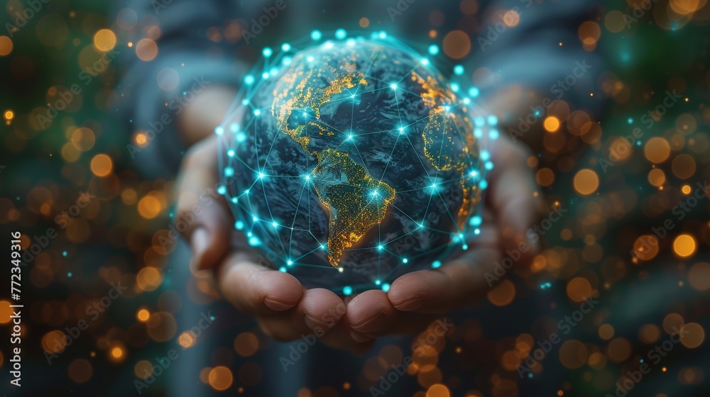 Aufkleber An abstract hand holds planet Earth in a low poly style. An illustration of the global network concept on a modern blue mathematical geometric background with a wireframe structure for light