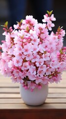 Bouquet of spring tree flowers in vase on wooden background