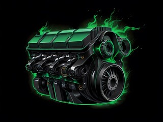 machine block design vector with green flames