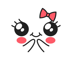 Kawaii Cute Girl Face Emoji with a Bow, Large, Round Eyes, Small Mouth With A Smile Or Blush, And Rosy Cheeks