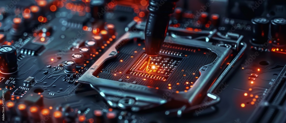 Fototapete an image of a tester checking a motherboard in a technological background. the image is toned. there