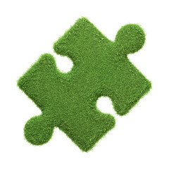Isolated single puzzle piece with green grass texture, representing individuality in ecological and environmental contexts. 3D Render illustration
