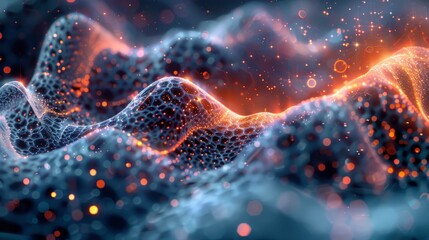 A blue and orange wave with a lot of dots and sparks. The image is abstract and has a futuristic feel to it - obrazy, fototapety, plakaty