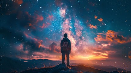 Obraz premium A man stands on a mountain top, looking out at the stars. The sky is filled with stars and the man is wearing a backpack. The scene is peaceful and serene, with the man feeling a sense of wonder