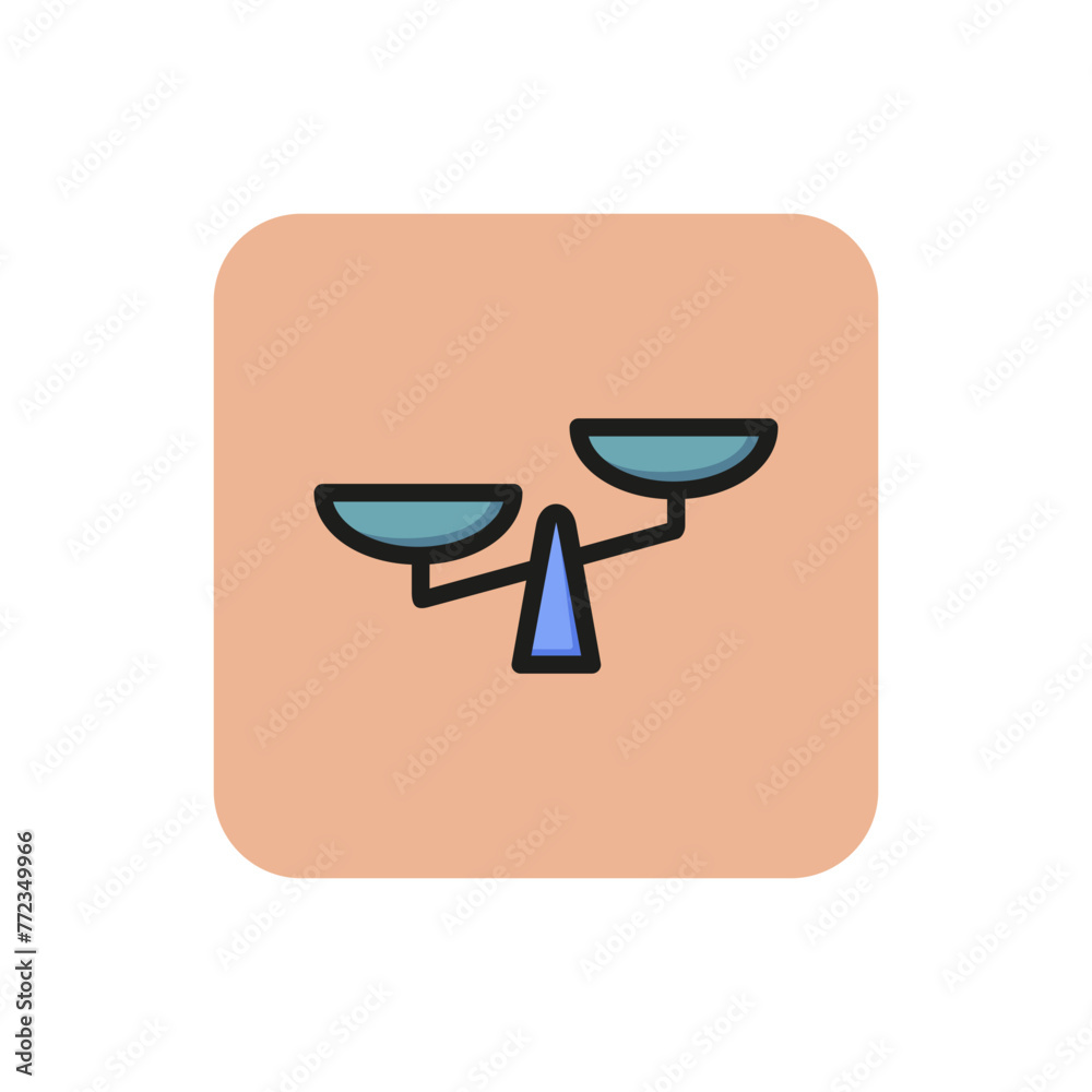 Sticker Icon of scales. Justice, weight, balance. Comparison concept. Can be used for topics like judgment, law, balance.