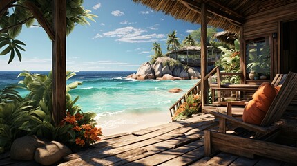 A hidden wooden beach cottage surrounded by lush tropical plants with a direct view of the serene turquoise ocean and rocky coastline. Generative AI. - obrazy, fototapety, plakaty