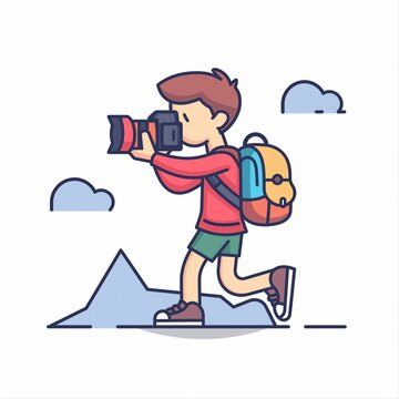 Man with a camera in nature taking photos, photography hobby, flat cartoon illustration