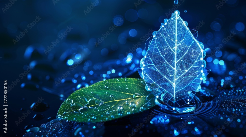 Aufkleber an abstract blue water drop falling from a green leaf. blue geometric background. wireframe light co