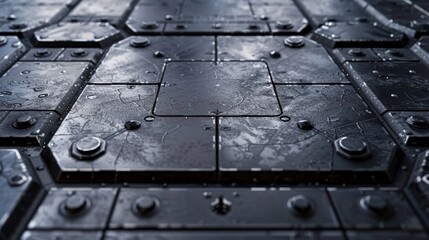 A close up of a metal surface with many bolts and screws. The image has a futuristic and industrial feel to it