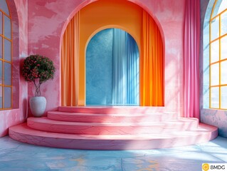 Ideal for product styling and design showcases, this setup offers ample negative space for creative direction and stylized imagery. Orange blue pink green. Bright colors, texture, curtains.