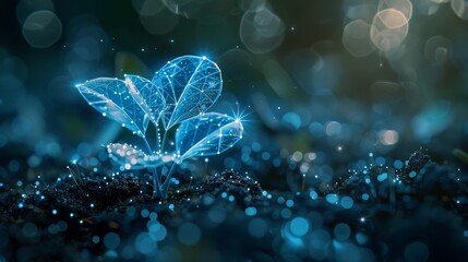 Plant in soil with droplet of water. Low poly style design. Blue geometric background. Wireframe light connection structure. Modern graphic concept. Isolated  illustration.