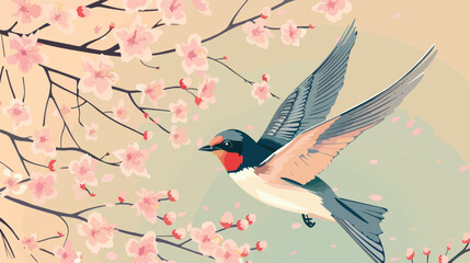 Swallow and cherry tree  Vector illustration flat