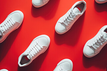 Top view of white sneakers on a vibrant red background, minimalistic flat lay concept with copy space