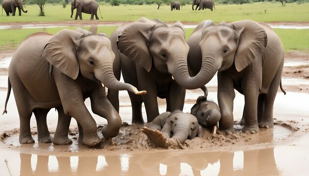 A Group Of Elephants Playing In A Mud Puddle  2