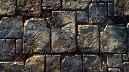 A wall made of stone with a rough texture. The wall is dark and has a sense of age and history