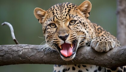 A Leopard With Its Tongue Curling Around A Branch - obrazy, fototapety, plakaty