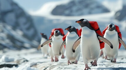 Penguins wearing jetpacks racing through Antarctic skies in a grand tournament - obrazy, fototapety, plakaty