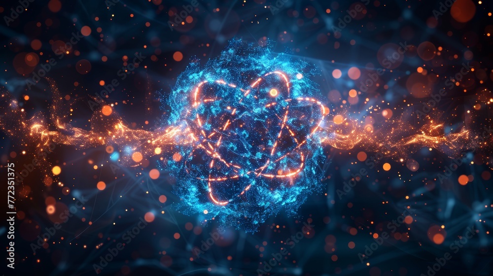 Fototapete Atom cosmic icon or symbol. Nuclear science concept on blue technology background. Atom or molecule with light orbits and bright sparkles. Illustration in digital format.