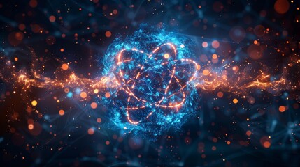 Atom cosmic icon or symbol. Nuclear science concept on blue technology background. Atom or molecule with light orbits and bright sparkles. Illustration in digital format.