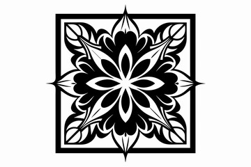 symmetrical square line pattern with flower , silhouette black vector illustration