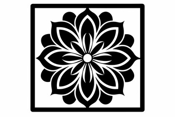 symmetrical square line pattern with flower , silhouette black vector illustration
