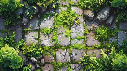 A stone path with green moss and plants growing on it. The moss and plants give the path a natural and peaceful feel - obrazy, fototapety, plakaty