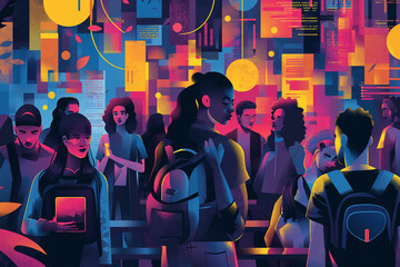 Vibrant vector illustration of urban nightlife with diverse people and a lively city backdrop, highlighting modern social life Dynamic city scene vector with young adults in casual wear, infused - obrazy, fototapety, plakaty