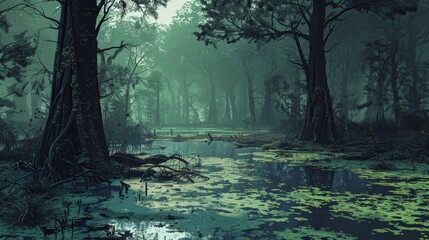 A forest with a river running through it. The trees are tall and the water is murky - obrazy, fototapety, plakaty