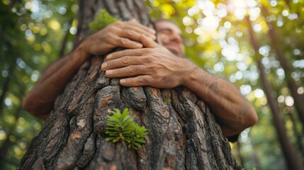 An embracing nature lover holds a trunk tree with a green musk in a tropical woods forest. An organic green background. A concept of how nature can be protected from deforestation, pollution, and - obrazy, fototapety, plakaty