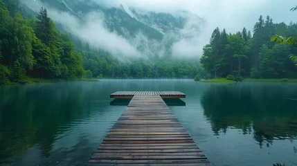 Poster A wooden pier sits in front of a lake, with a foggy mountain in the background. The scene is peaceful and serene, with the water reflecting the trees and the sky © Rattanathip