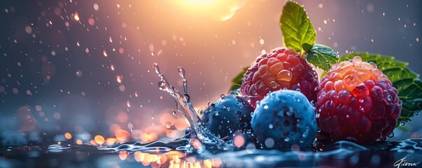 blueberry and raspberry in water splash. created by ai