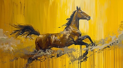 Art print abstract with golden texture. Brushstrokes of paint on canvas. Modern Art. Horses, posters, posters, cards, murals, rugs, hangings, art prints, posters