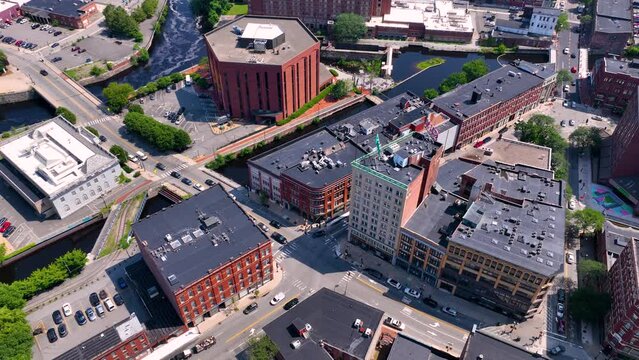 Middlesex Community College aerial view on Kearney Square at Eastern Canal and Concord River to Merrimack River in historic downtown Lowell, Massachusetts MA, USA. 