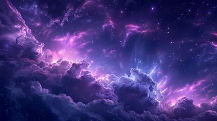 A beautiful purple sky with many stars and clouds. The sky is filled with a sense of wonder and awe, as if the viewer is looking up at the vastness of the universe. The colors are vibrant - obrazy, fototapety, plakaty