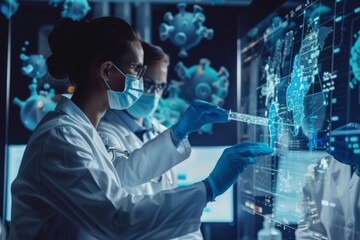 Two scientists in lab coats and protective masks examine DNA sequencing data on a modern, interactive digital screen in a high-tech laboratory.