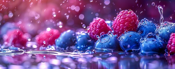blueberry and raspberry in water splash. created by ai