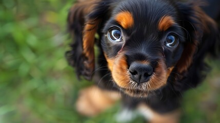 close up of young puppy looking to the camera excited and ready to play generative ai