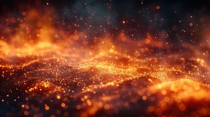 A large fire glows red hot as sparks erupt in the night sky. An abstract background of fiery orange glowing particles flying away against a black backdrop.