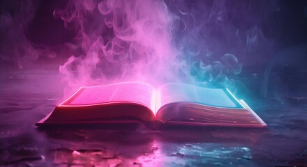 Enchanted neon book opening portals to otherworldly dimensions