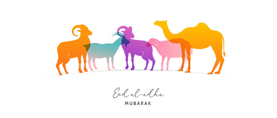 Fototapeta premium Eid Al Adha design. Celebration of Muslim holiday the sacrifice. Colorful background with Islamic Mosque and animals, camel, sheep and goat