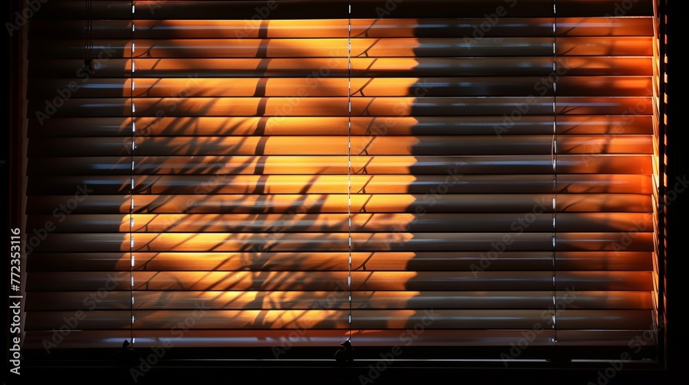 Poster An isolated background with shadow blinds. Sunlight reflected on wall. Realistic soft shade. Horizontal shading mockup. Modern illustration.