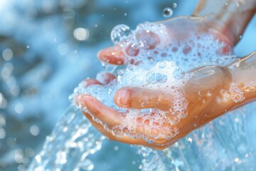 Close-up of hands catching clean, flowing water with bubbles, symbolizing hygiene and freshness.