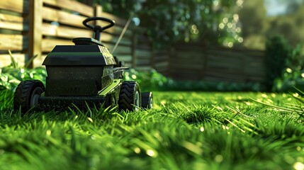 lawn mower stands on the lawn near the house at sunset lawnmower cutting grass in the yard generative ai