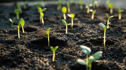 The successful growth of seedlings is attributed to rich loamy soils. The importance of nutrients in plant life is illustrated by a digital mineral nutrients icon on the soil. - obrazy, fototapety, plakaty