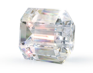 Beautiful emerald cut diamond or gem close-up. 3d illustration on white background